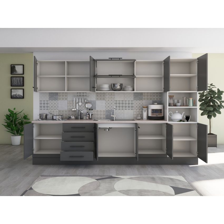 Bucatarie Alfa 320, gri, blat termic travertin, corp pentru cuptor incorporabil