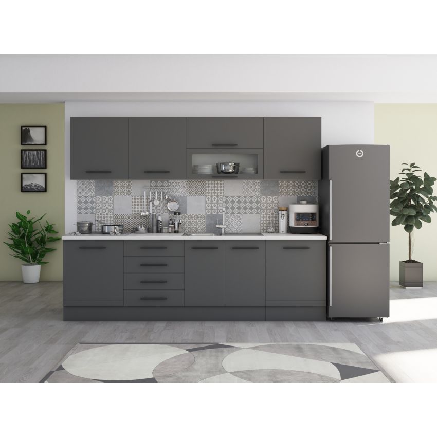 Bucatarie Alfa 260, Cu vitrina, Gri, Blat termic alb