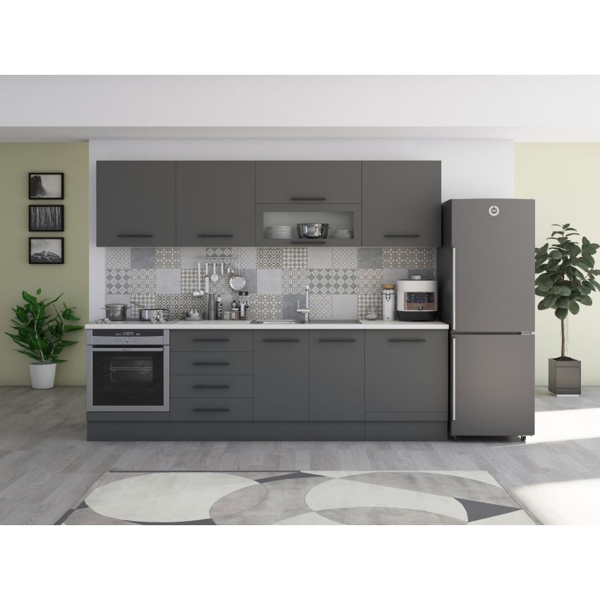 Bucatarie Alfa 260, Cu vitrina, Gri, Blat termic alb