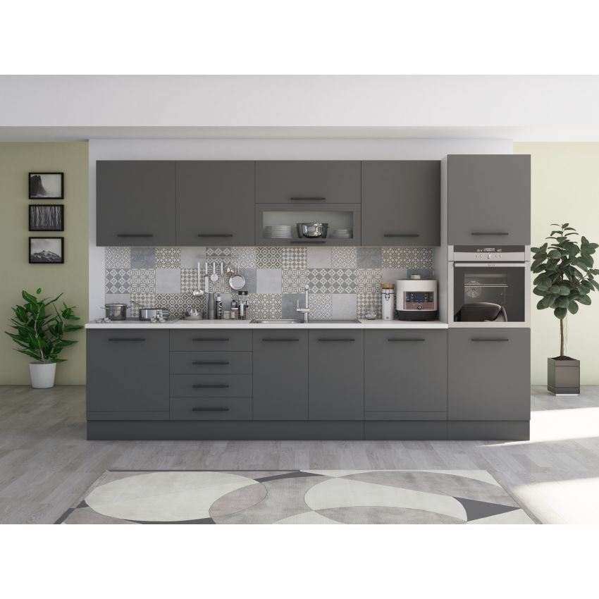 Bucatarie Alfa 320, gri, blat termic alb, corp pentru cuptor incorporabil