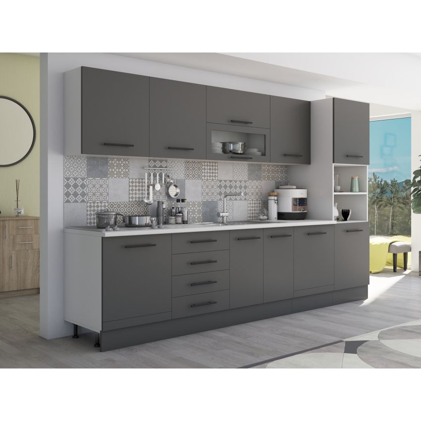Bucatarie Alfa 320, gri, blat termic alb, corp pentru cuptor incorporabil