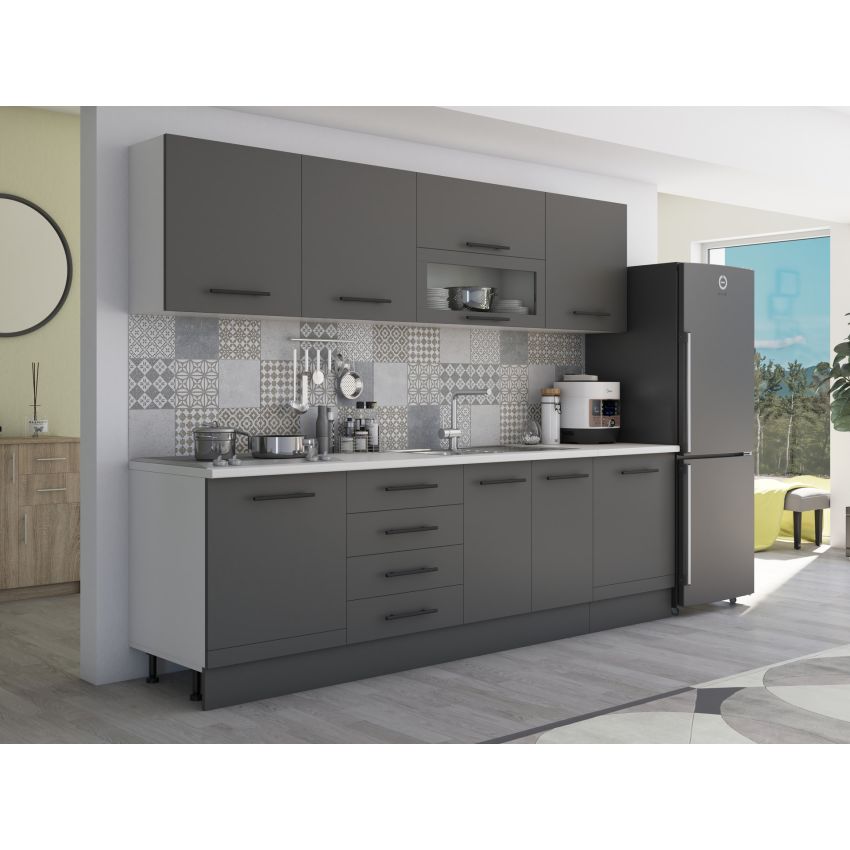 Bucatarie Alfa 260, Cu vitrina, Gri, Blat termic alb