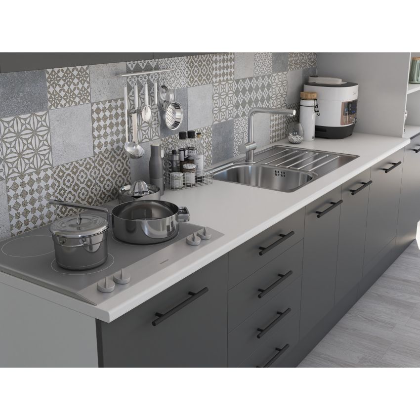 Bucatarie Alfa 320, gri, blat termic alb, corp pentru cuptor incorporabil