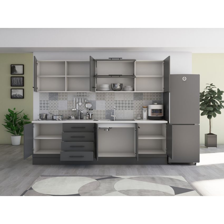 Bucatarie Alfa 260, Cu vitrina, Gri, Blat termic alb