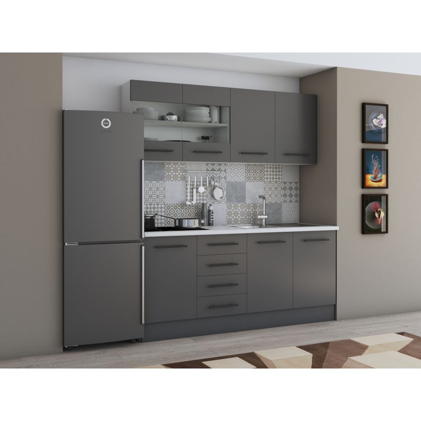 Bucatarie Alfa 180, Cu vitrina, Gri, Blat termic alb