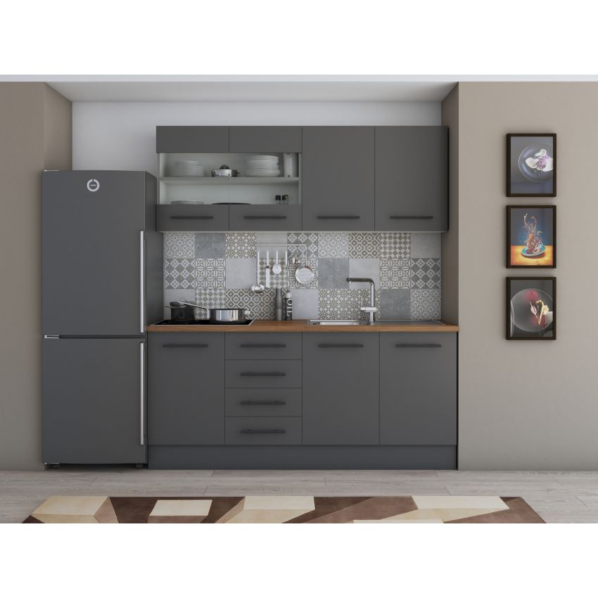 Bucatarie Alfa 180, Cu vitrina, Gri, Blat termic nuc