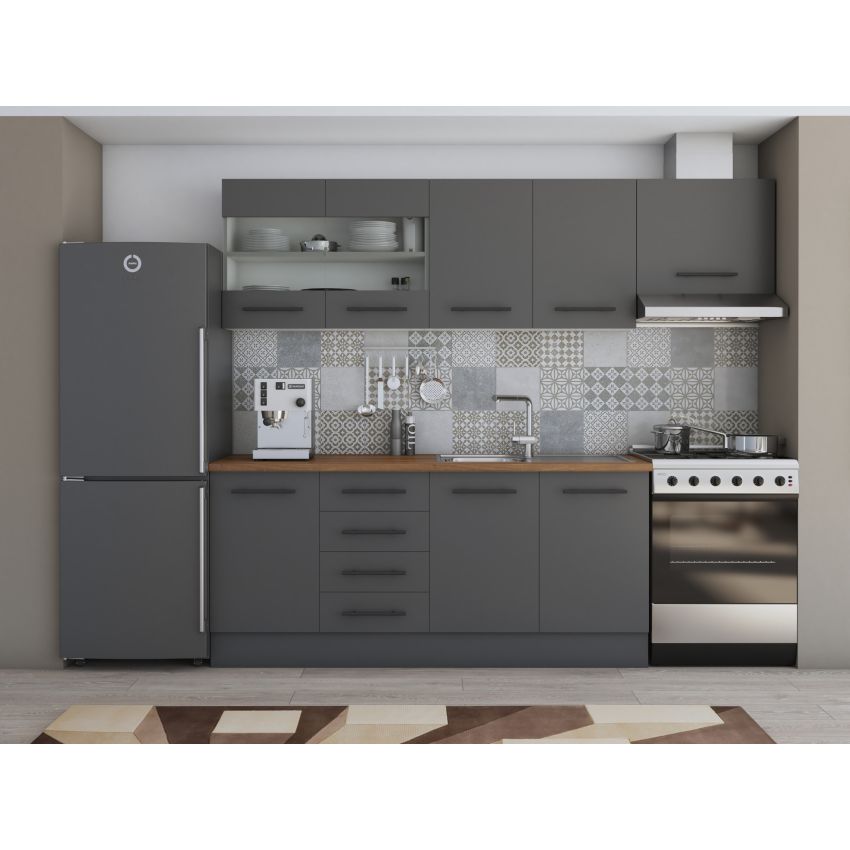 Bucatarie Alfa 240, Corp hota, Cu vitrina, Gri, Blat termic nuc