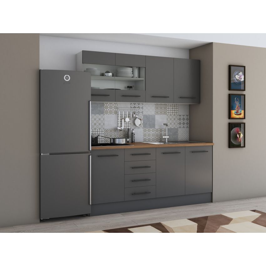 Bucatarie Alfa 180, Cu vitrina, Gri, Blat termic nuc