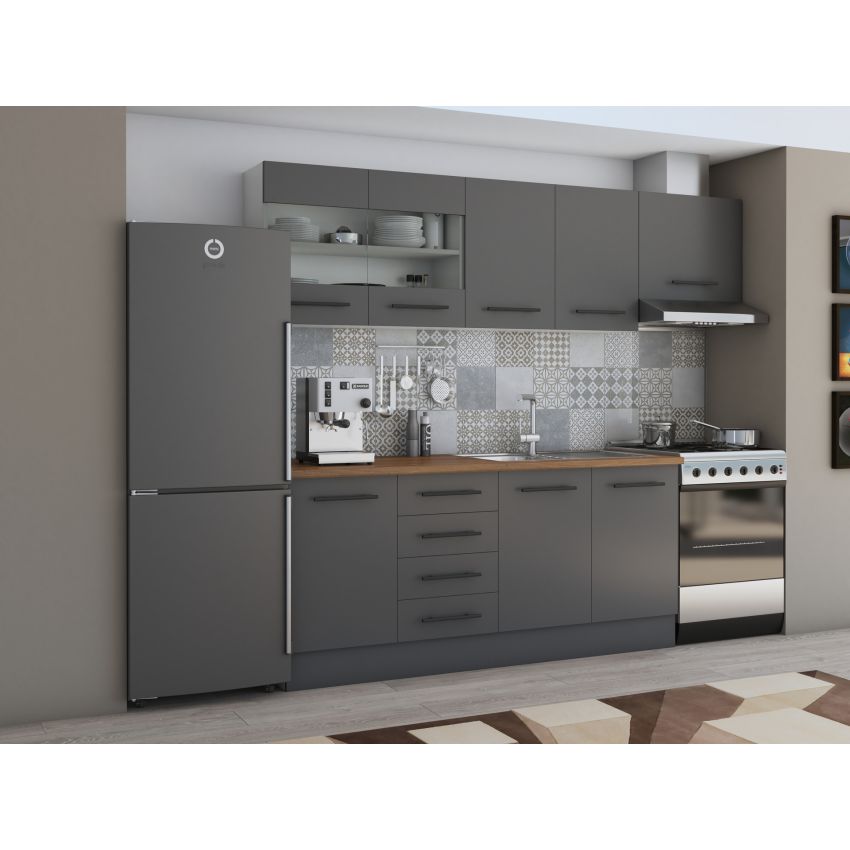 Bucatarie Alfa 240, Corp hota, Cu vitrina, Gri, Blat termic nuc
