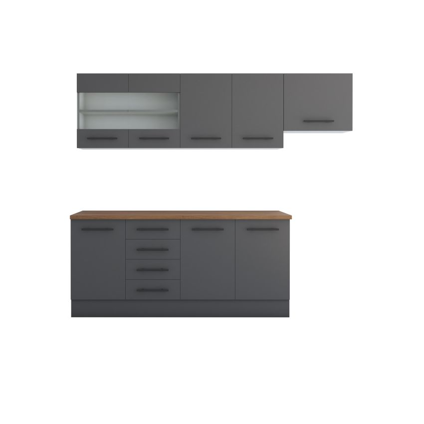 Bucatarie Alfa 240, Corp hota, Cu vitrina, Gri, Blat termic nuc
