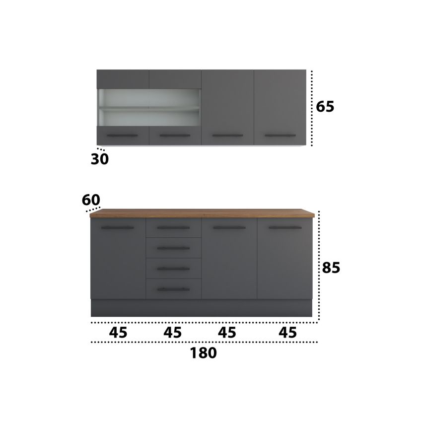 Bucatarie Alfa 180, Cu vitrina, Gri, Blat termic nuc