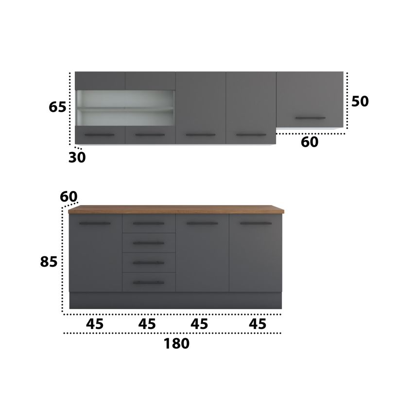 Bucatarie Alfa 240, Corp hota, Cu vitrina, Gri, Blat termic nuc