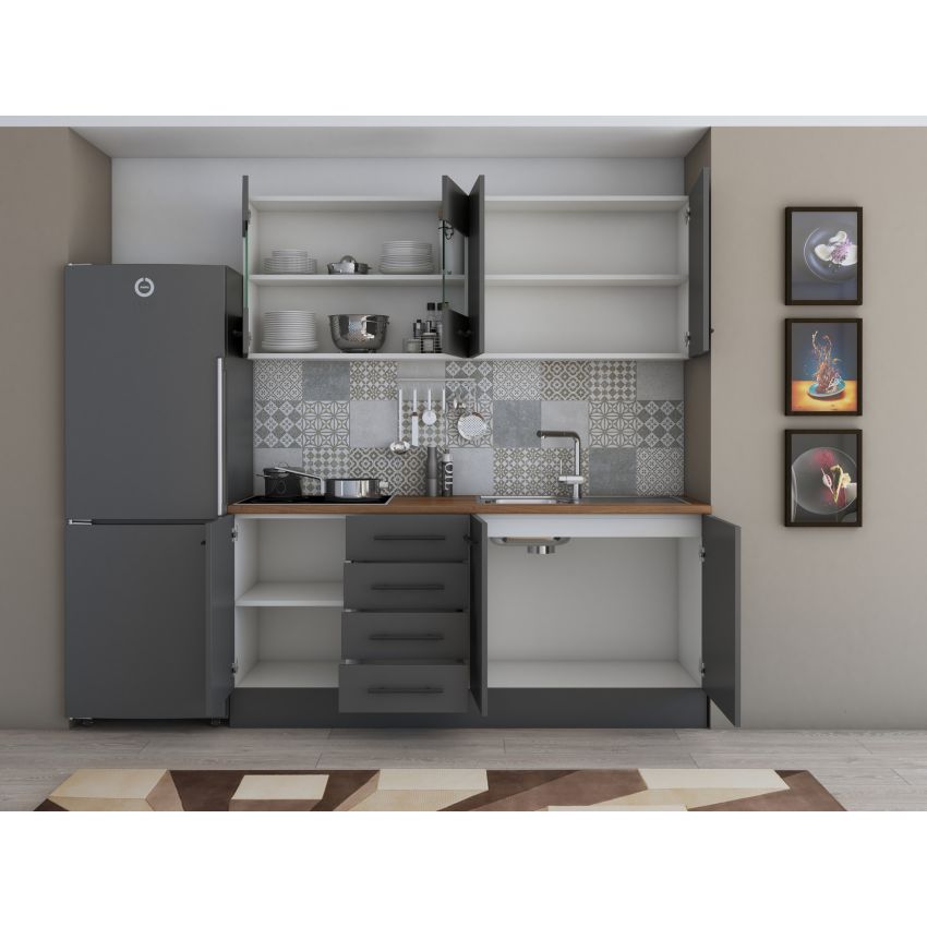 Bucatarie Alfa 180, Cu vitrina, Gri, Blat termic nuc