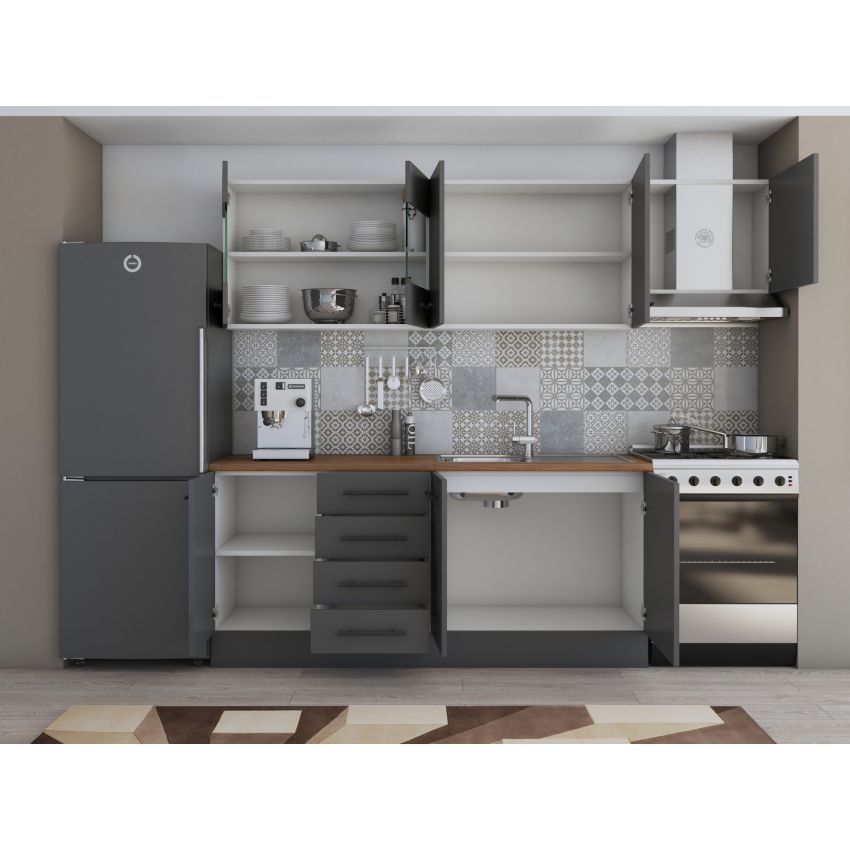 Bucatarie Alfa 240, Corp hota, Cu vitrina, Gri, Blat termic nuc