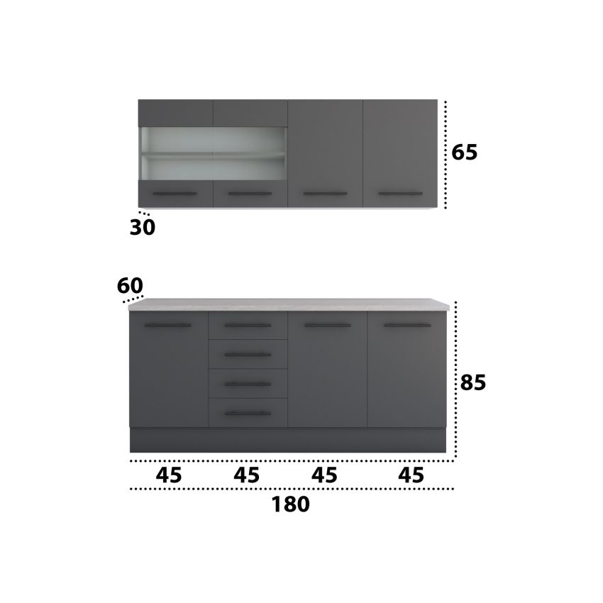 Bucatarie Alfa 180, Cu vitrina, Gri, Blat termic travertin