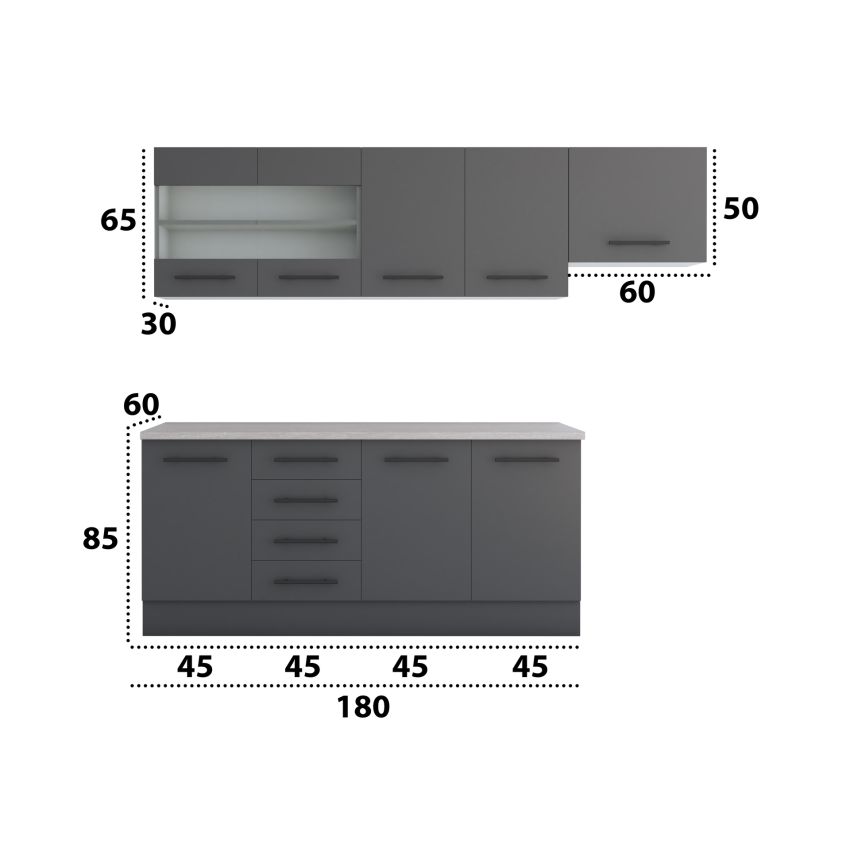 Bucatarie Alfa 240, Corp hota, Cu vitrina, Gri, Blat termic travertin