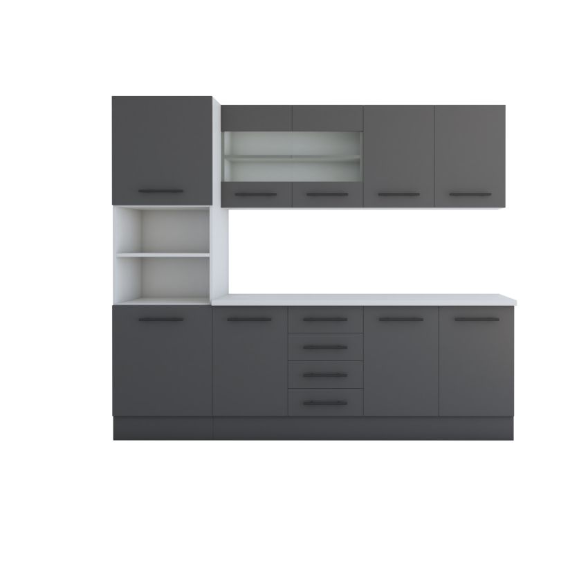Bucatarie Alfa 240, Soldat, Cu vitrina, Gri, Blat termic alb