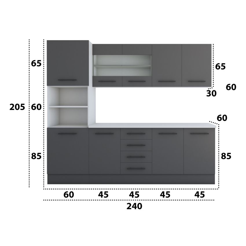 Bucatarie Alfa 240, Soldat, Cu vitrina, Gri, Blat termic alb