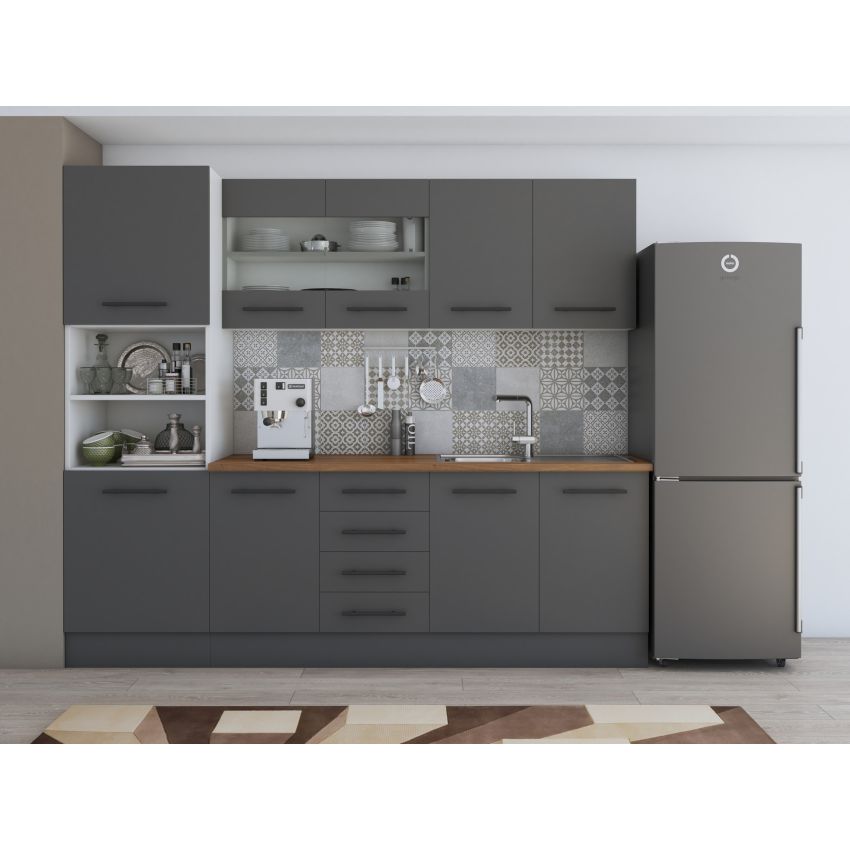 Bucatarie Alfa 240, Soldat, Cu vitrina, Gri, Blat termic nuc