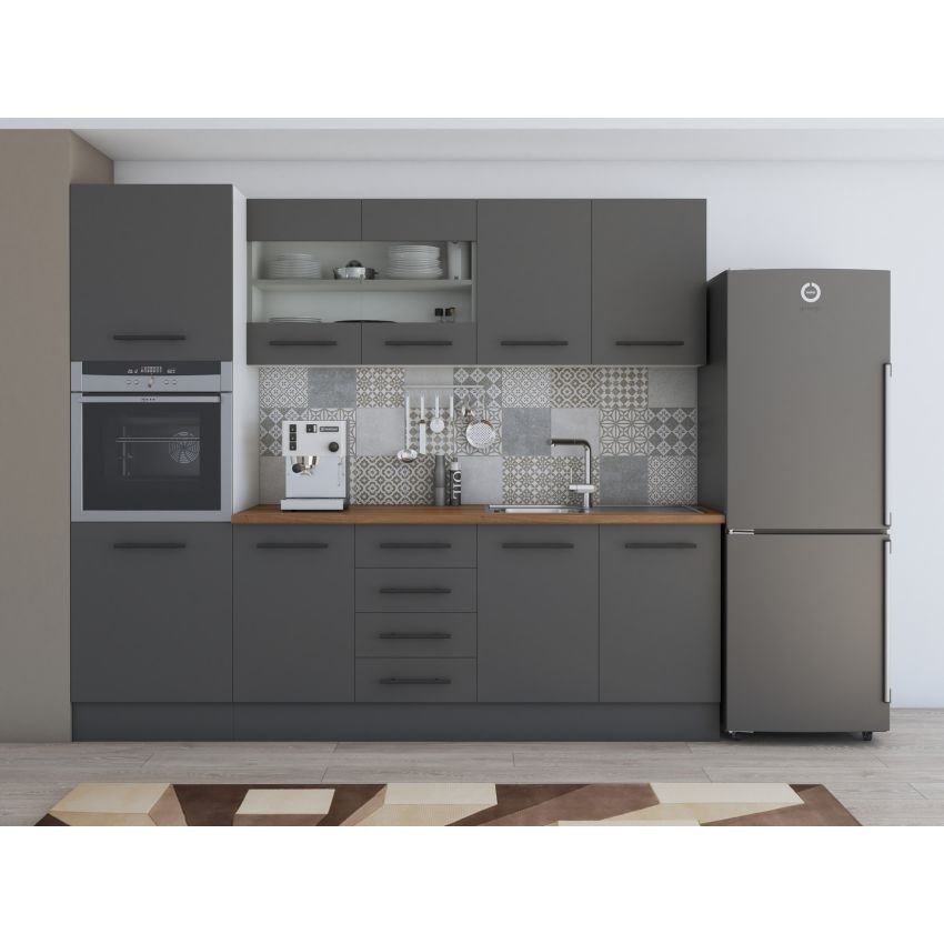Bucatarie Alfa 240, Soldat, Cu vitrina, Gri, Blat termic nuc
