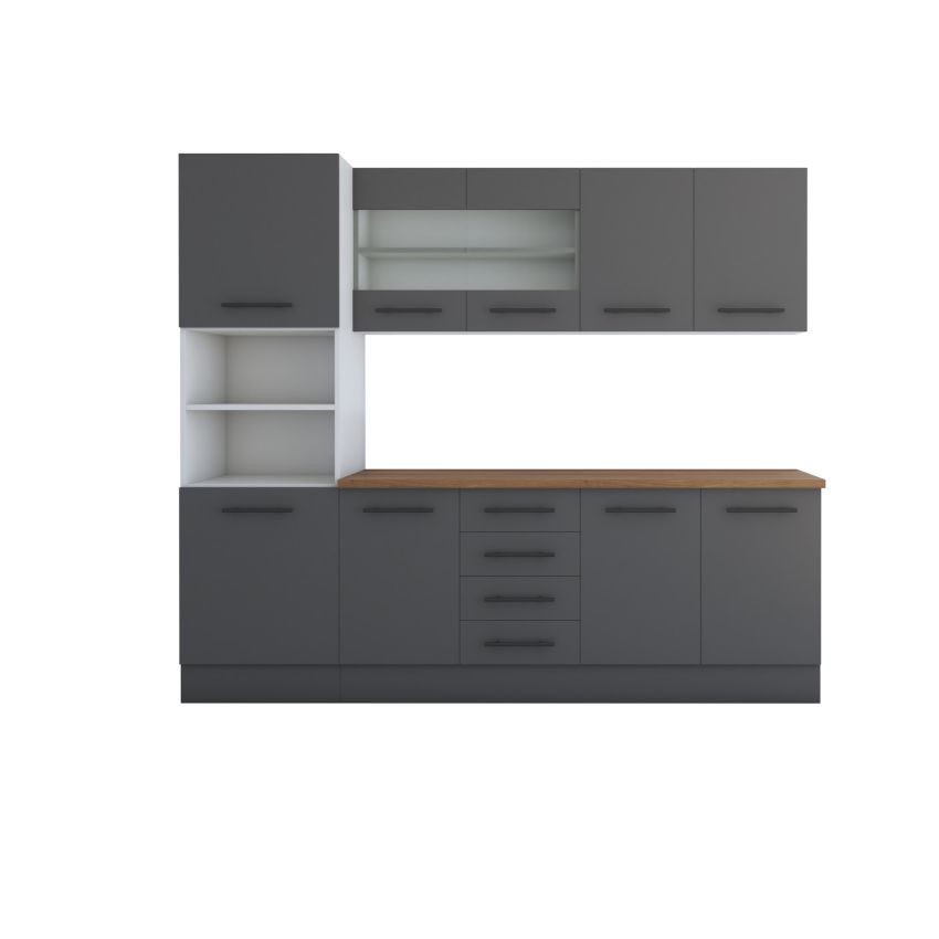 Bucatarie Alfa 240, Soldat, Cu vitrina, Gri, Blat termic nuc