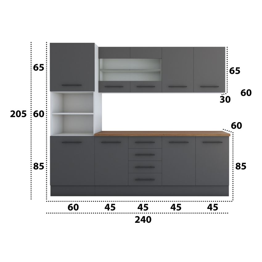 Bucatarie Alfa 240, Soldat, Cu vitrina, Gri, Blat termic nuc