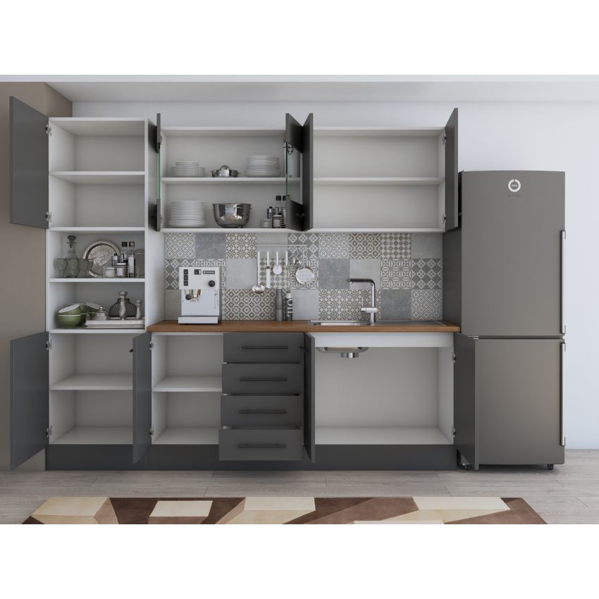 Bucatarie Alfa 240, Soldat, Cu vitrina, Gri, Blat termic nuc