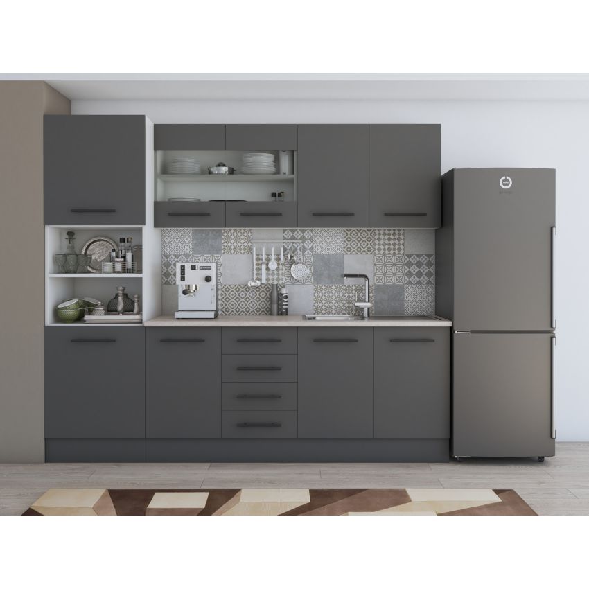 Bucatarie Alfa 240, Soldat, Cu vitrina, Gri, Blat termic travertin