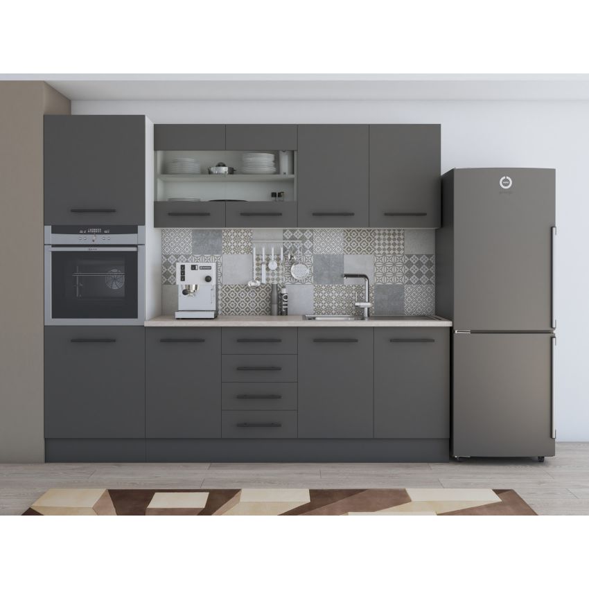 Bucatarie Alfa 240, Soldat, Cu vitrina, Gri, Blat termic travertin
