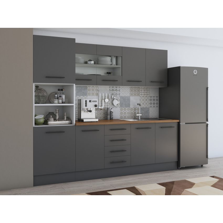 Bucatarie Alfa 240, Soldat, Cu vitrina, Gri, Blat termic travertin