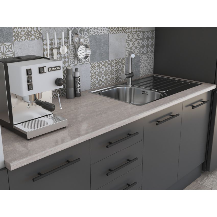 Bucatarie Alfa 240, Soldat, Cu vitrina, Gri, Blat termic travertin