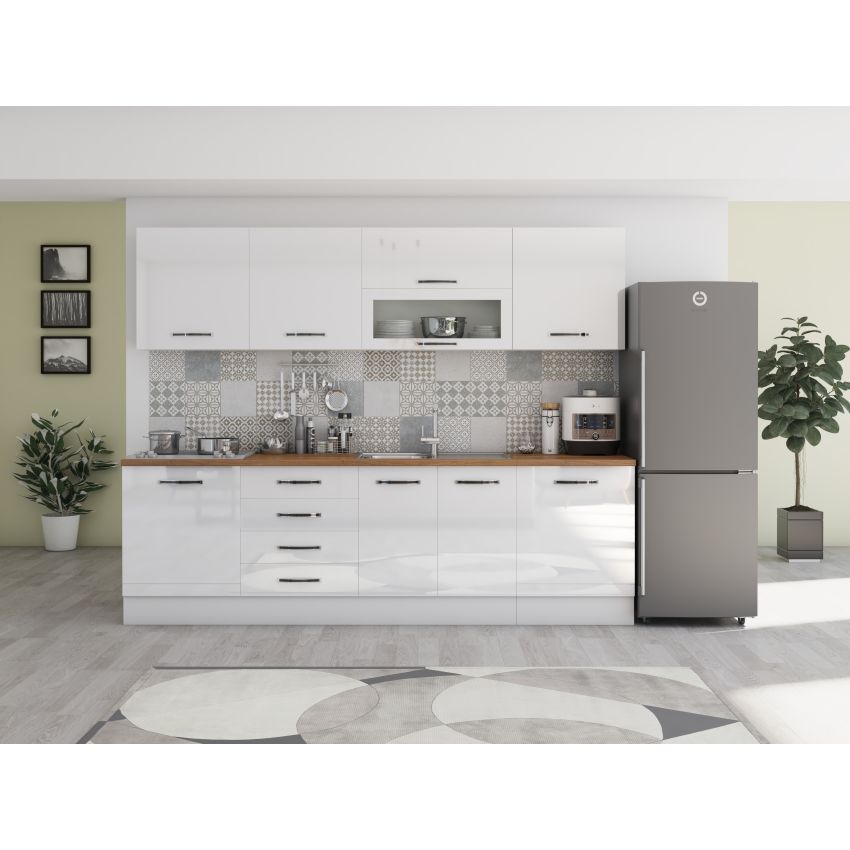 Bucatarie Alfa 260, Cu vitrina, Alb lucios, Blat termic nuc