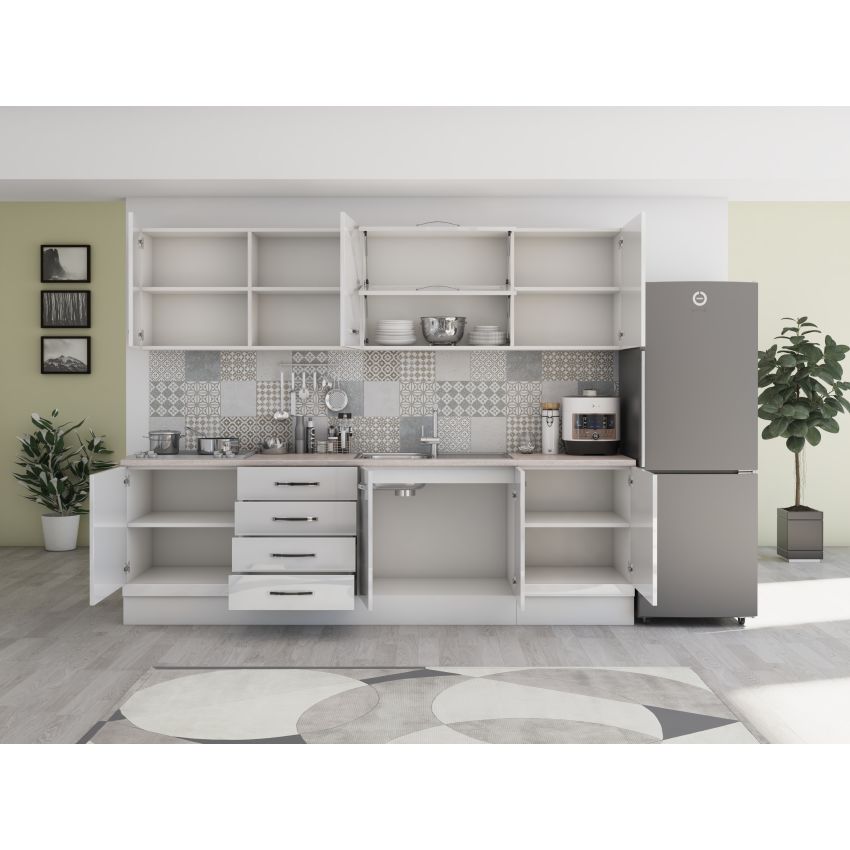 Bucatarie Alfa 260, Cu vitrina, Alb lucios, Blat termic travertin
