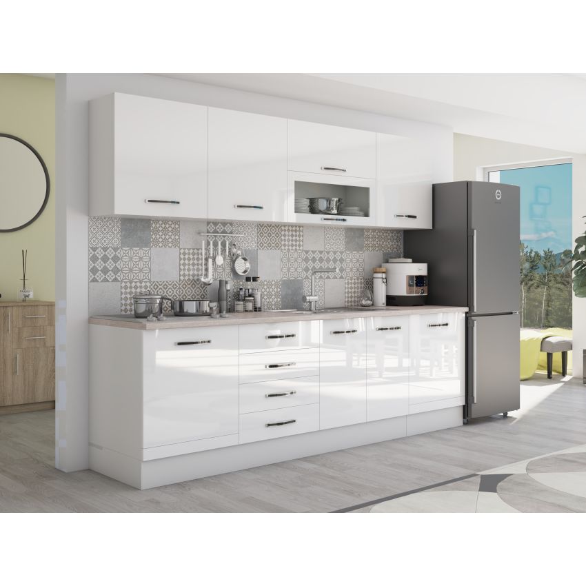 Bucatarie Alfa 260, Cu vitrina, Alb lucios, Blat termic travertin