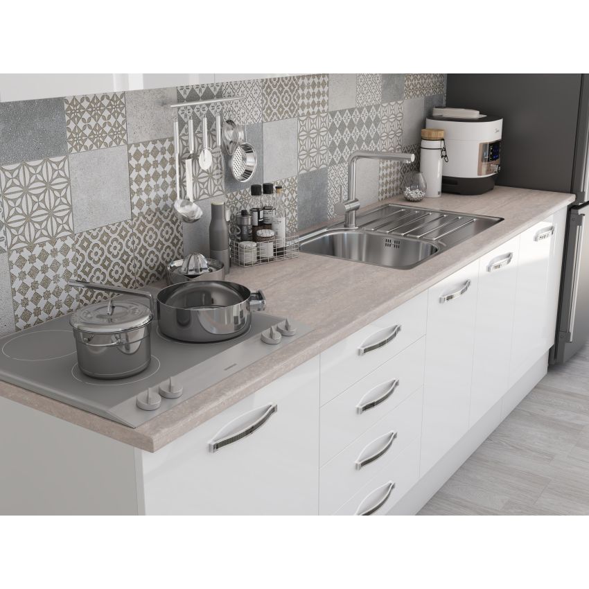 Bucatarie Alfa 260, Cu vitrina, Alb lucios, Blat termic travertin