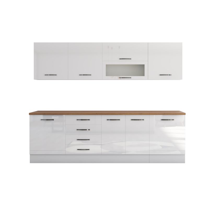 Bucatarie Alfa 260, Cu vitrina, Alb lucios, Blat termic nuc