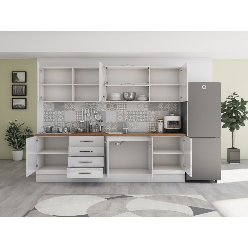 Bucatarie Alfa 260, Cu vitrina, Alb lucios, Blat termic nuc