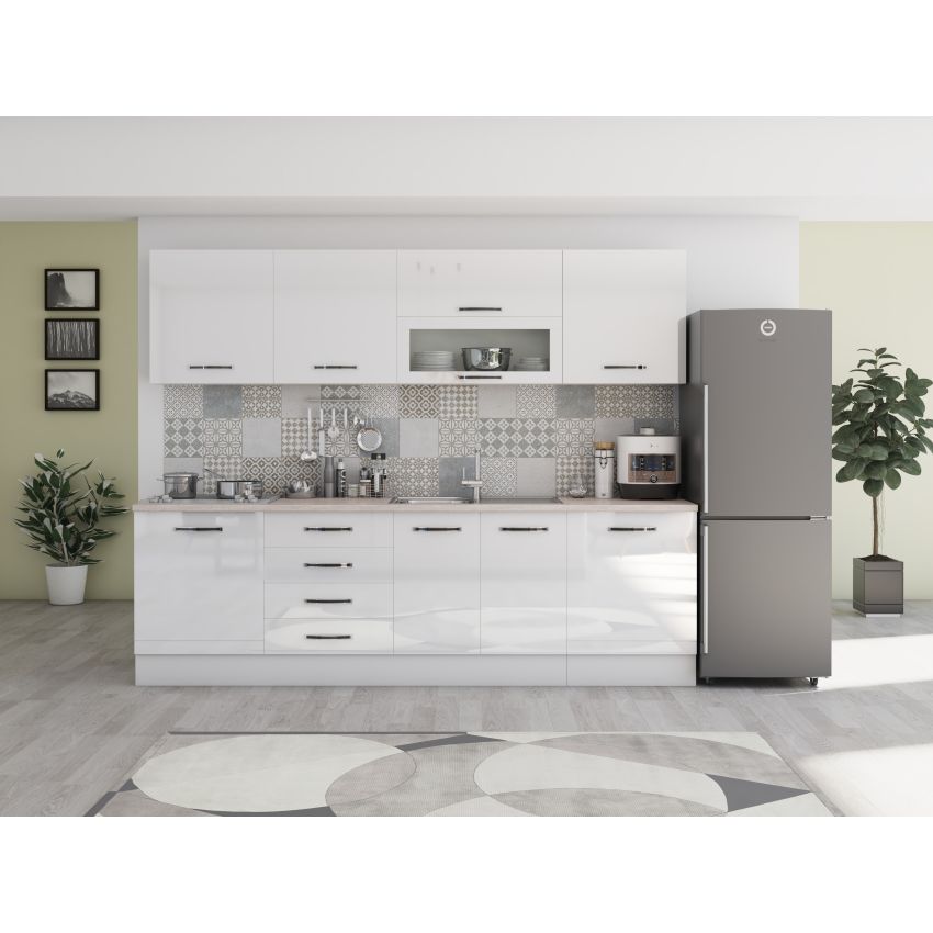 Bucatarie Alfa 260, Cu vitrina, Alb lucios, Blat termic travertin