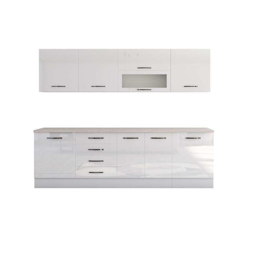 Bucatarie Alfa 260, Cu vitrina, Alb lucios, Blat termic travertin