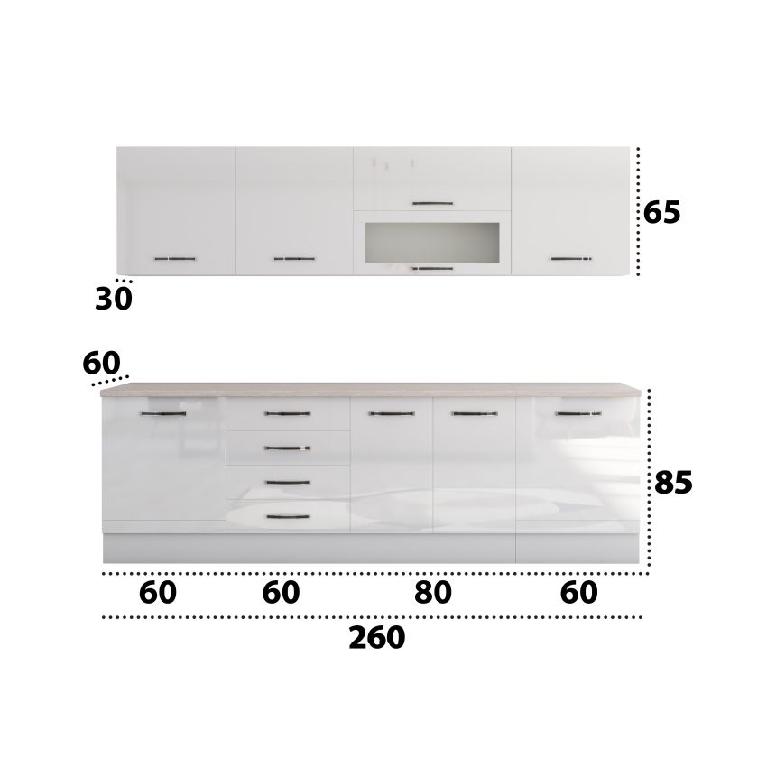 Bucatarie Alfa 260, Cu vitrina, Alb lucios, Blat termic travertin