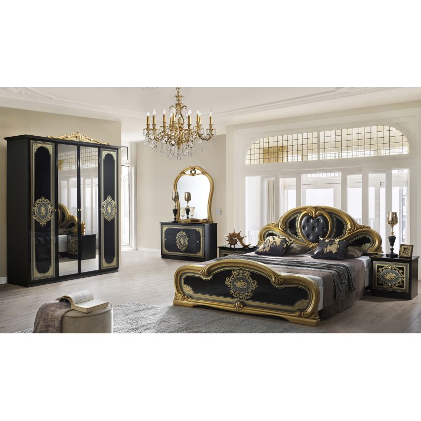 Dormitor Clarissa, negru/auriu, pat 160x200 cm, dulap cu 6 usi, comoda, 2 noptiere