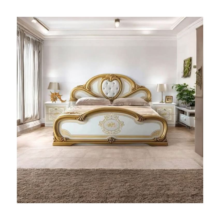 Dormitor Clarissa, alb/auriu, pat 160x200 cm, dulap cu 6 usi, comoda, 2 noptiere