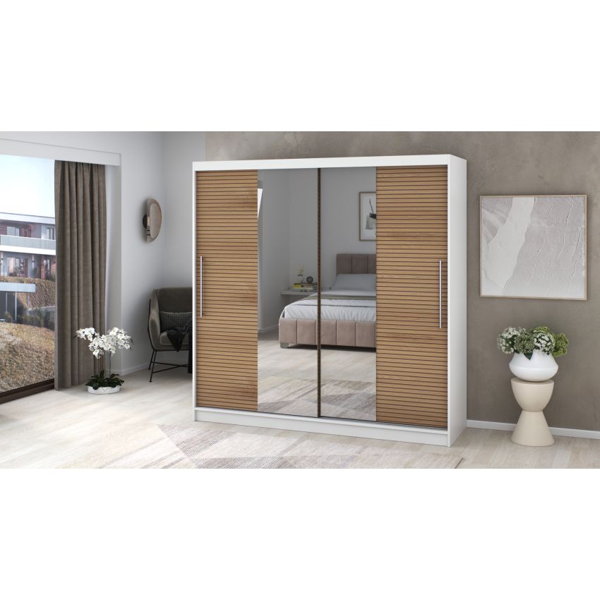 Dressing Rafi cu oglinda, 200x200x60 cm, alb/stejar