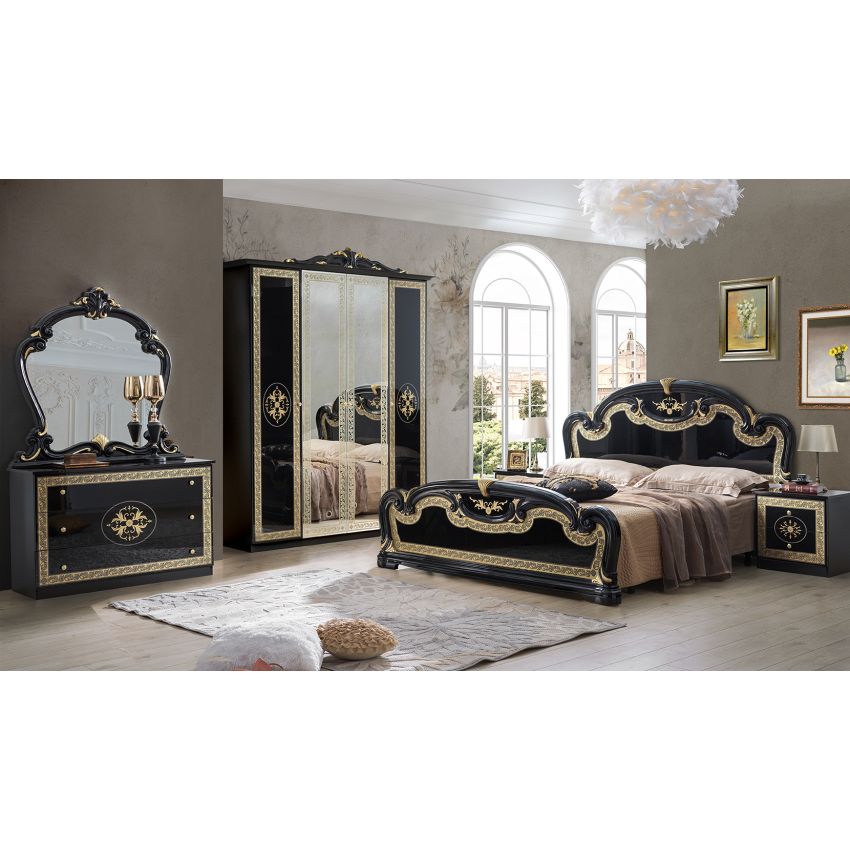 Dormitor Paloma, negru, pat 160x200 cm, dulap cu 6 usi, comoda, 2 noptiere