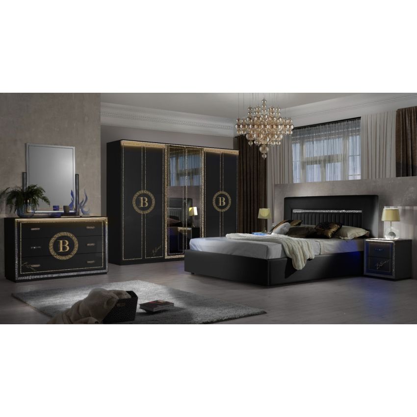 Dormitor New Gemma, negru/auriu, pat 160x200 cm, dulap cu 6 usi, 2 noptiere, comoda