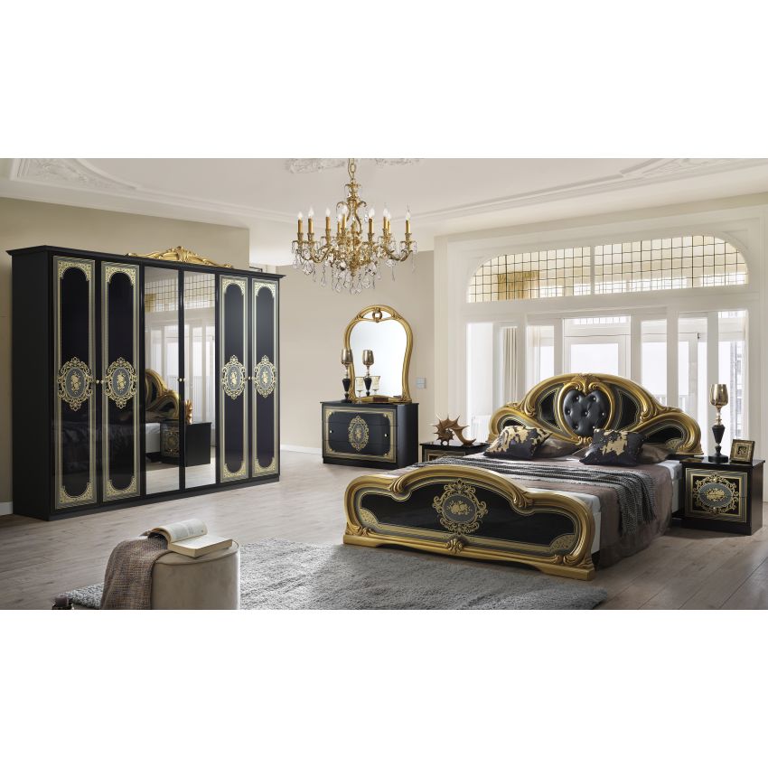 Dormitor Clarissa, negru/auriu, pat 160x200 cm, dulap cu 6 usi, comoda, 2 noptiere