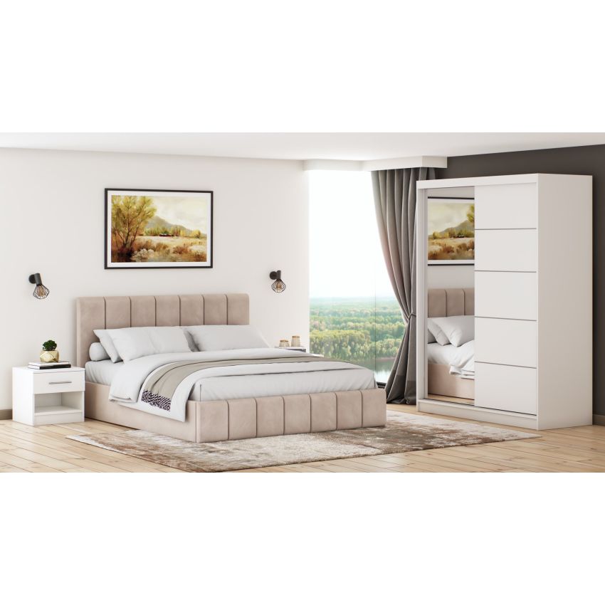 Set dormitor Cozy cappuccino, dulap Ina 150 cm Alb cu oglinda, noptiere Beta