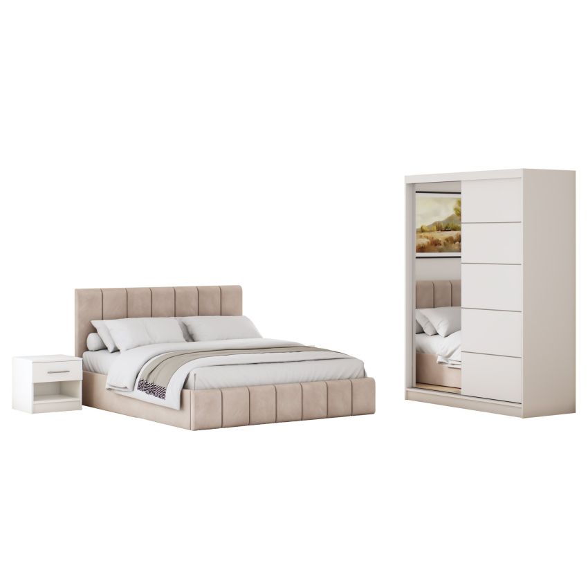 Set dormitor Cozy cappuccino, dulap Ina 150 cm Alb cu oglinda, noptiere Beta