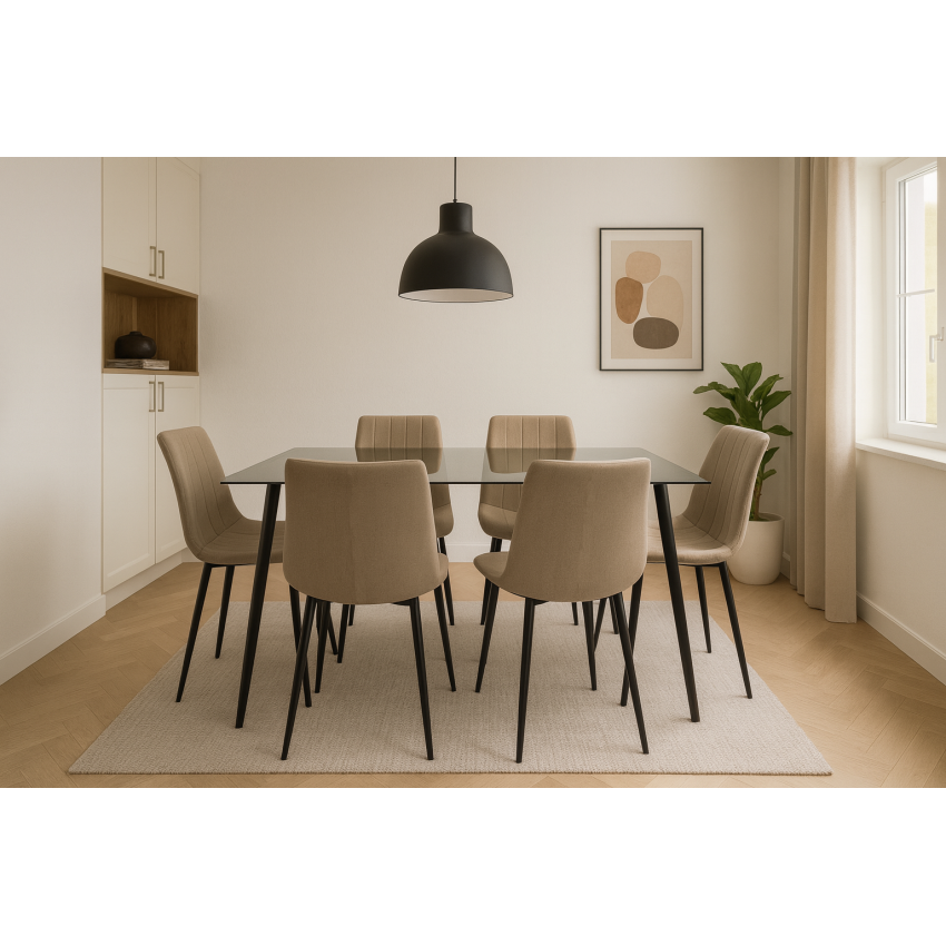 Set masa MBS-43 sticla, 150x80cm, cu 6 scaune tapitate bej