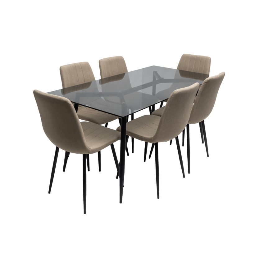 Set masa MBS-43 sticla, 150x80cm, cu 6 scaune tapitate bej